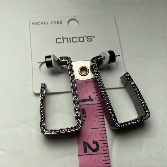 NEW Chico’s Hematite Tone Pavé Rectangle Hoops Statement Earrings Everyday Wear - Picture 3 of 9